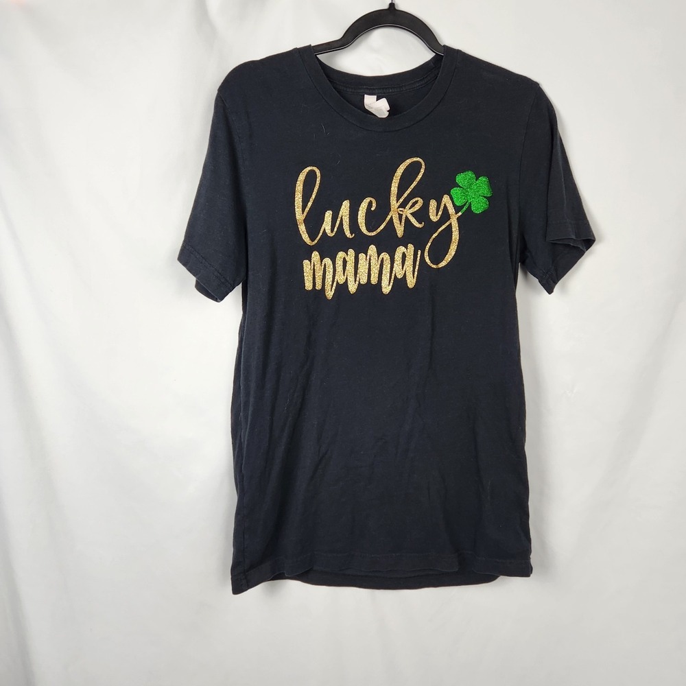 Bella Canvas "Lucky Mama" Black Graphic Tee Gold Green Sparkly Text‎ Size Medium